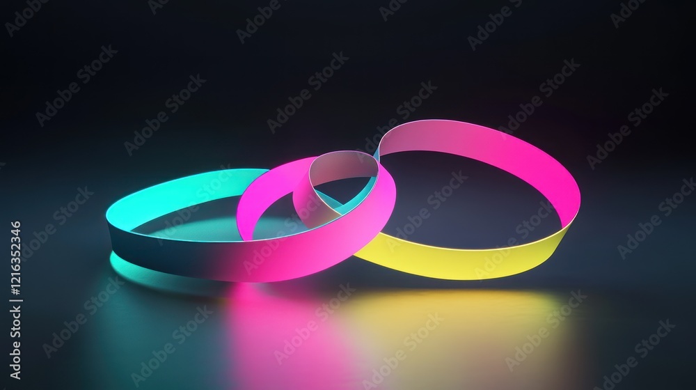 Neon Rings Abstract Art Intertwined Bright Colors Dark Background Neon Rings Abstract Art Intertwined Bright Colors Dark Background