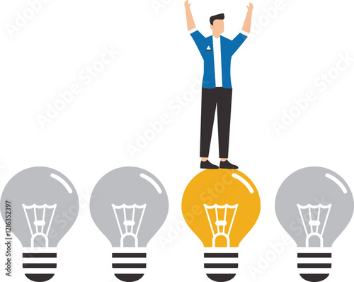 Different ideas or strategies to achieve success, success in finding profitable business opportunities, Smart businessman chooses a light bulb that is on from several that are off