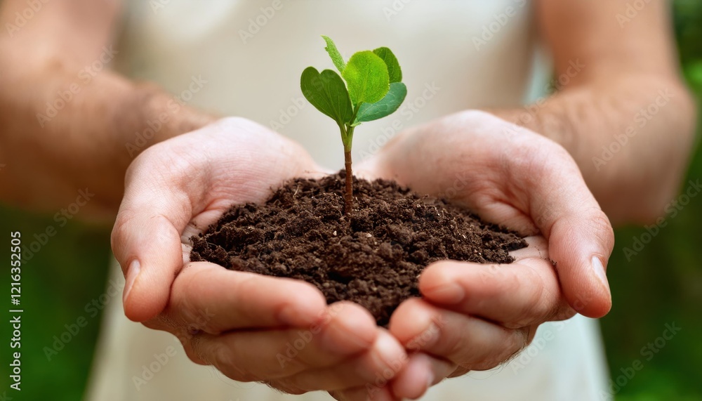 Nurturing a small plant in hands, showcasing the essence of growth and care in nature Nurturing a small plant in hands, showcasing the essence of growth and care in nature