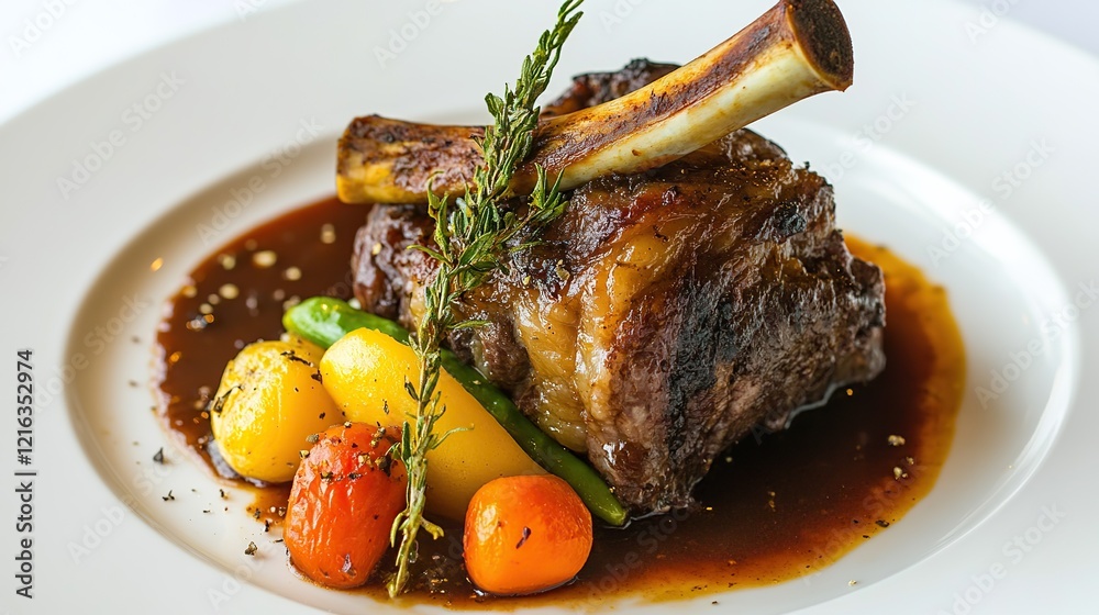 Delicious roast lamb with vegetables and sauce served on a white plate Delicious roast lamb with vegetables and sauce served on a white plate