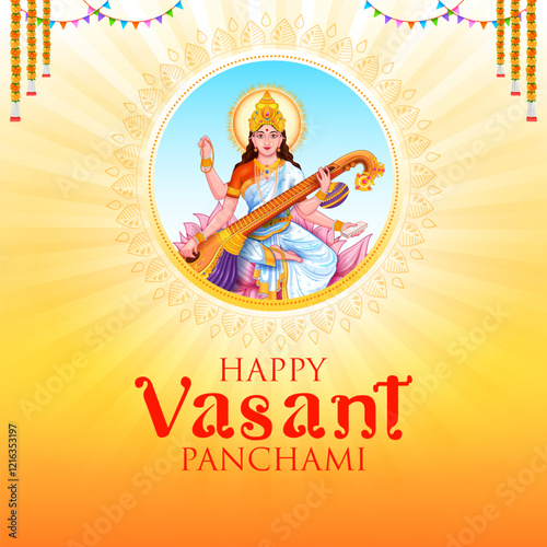 illustration of Goddess of Wisdom Saraswati for Vasant Panchami India festival background