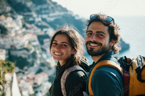 Smiling couple enjoys stunning coastal views, showcasing adventu photo