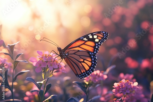 Delicate butterfly perched on blooming flowers, bathed in soft s photo