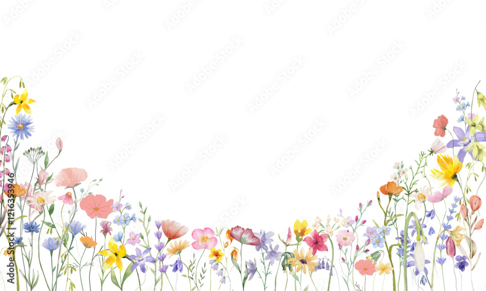 Watercolor meadow flowers border of poppy, chamomile, buttercup, campanula and sage. Hand painted floral card of wildflowers isolated on white background. Illustration for design, print, background