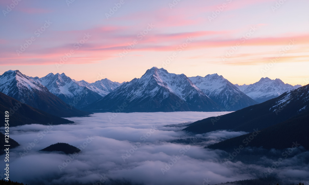 A stunning mountain landscape at dawn with mist rising from the valley and snow-capped peaks A breathtaking view of a A stunning mountain landscape at dawn with mist rising from the valley and snow-capped peaks A breathtaking view of a