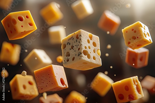 Floating cubes of cheese in various colors create playful culina photo