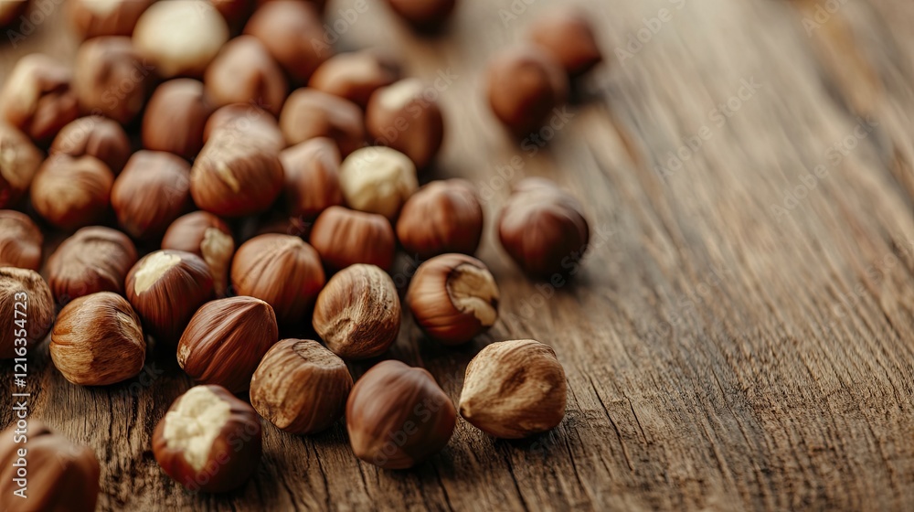 Scattered hazelnuts on rustic wood surface create warm, inviting Scattered hazelnuts on rustic wood surface create warm, inviting