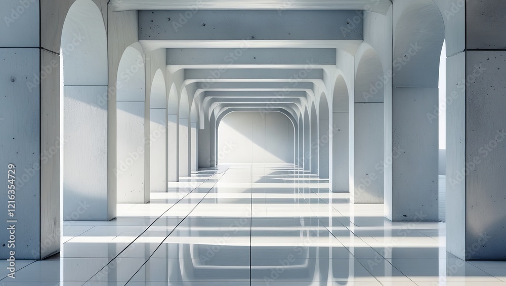 Obraz premium a long hallway lined with arches and concrete walls with natural light streaming in.