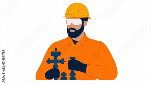 factory emergency worker. factory worker in emergency situation holding valves and tools
