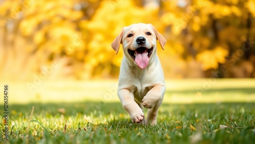 a yellow lab puppy running towards the camera with its tongue out in a park.