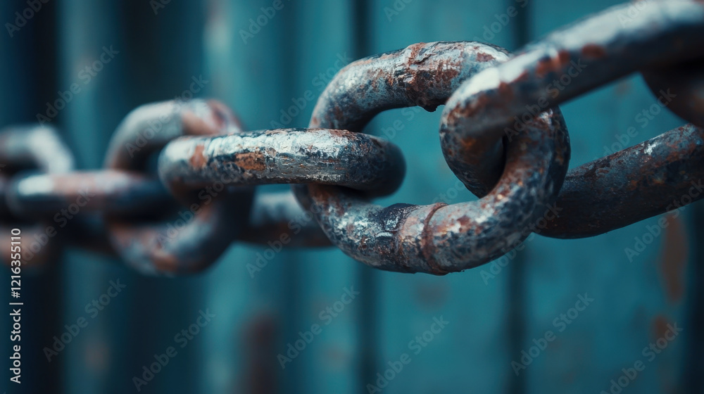 Rusty metal chain links against blue background, showcasing texture and detail. image evokes sense of strength and durability, perfect for industrial themes Rusty metal chain links against blue background, showcasing texture and detail. image evokes sense of strength and durability, perfect for industrial themes