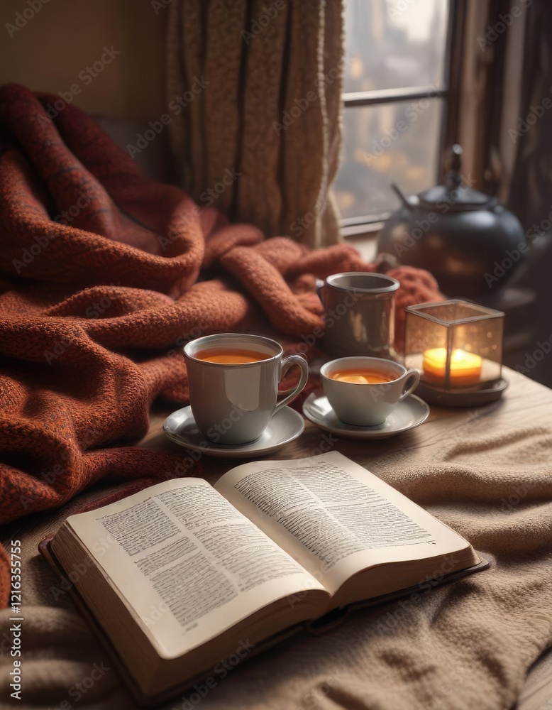 A cozy and comfortable reading spot with a warm knitted scarf and a steaming cup of tea beside an open book , steaming cup, floor lamp A cozy and comfortable reading spot with a warm knitted scarf and a steaming cup of tea beside an open book , steaming cup, floor lamp
