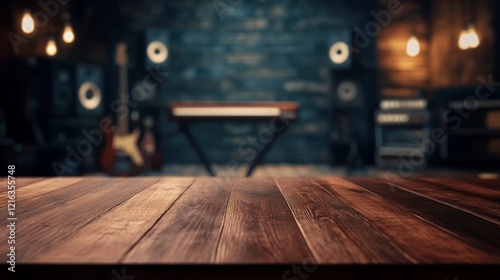 Music room background, blurred instruments, wooden surface, studio lighting, rustic vibes, cozy atmosphere, musical setting