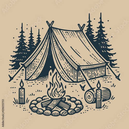 vintage illustration of Camping Scene with Campfire and Tent