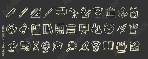 School Education Related Icons Crayon Chalk Drawing on Blackboard Vector Set