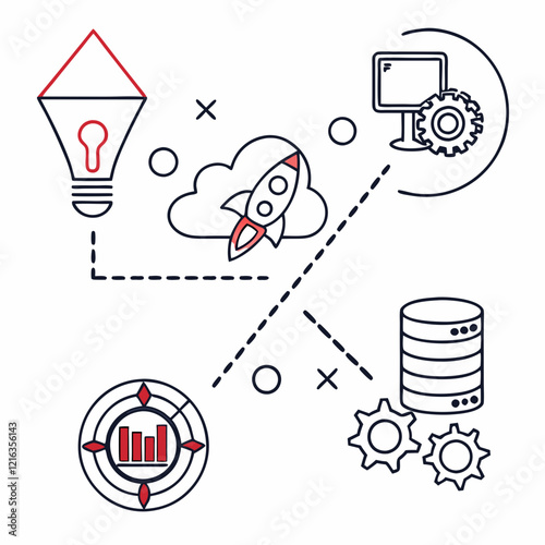 Business Innovation Process with Idea, Start Up, Target, Database and Tech elements