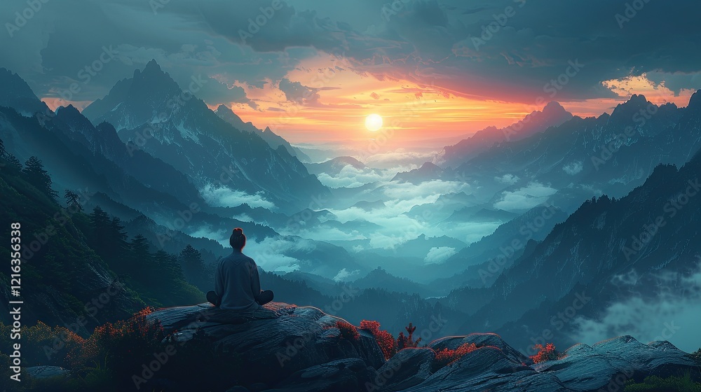 Fototapeta premium Flat design captures the serenity of meditation on a peaceful mountain ledge