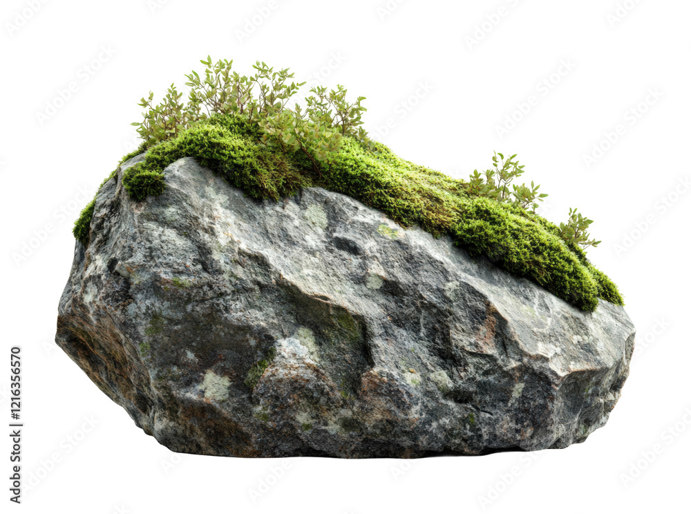 Lush greenery thriving on a weathered stone in a serene natural setting during daytime sunlight isolated on transparent background Lush greenery thriving on a weathered stone in a serene natural setting during daytime sunlight isolated on transparent background