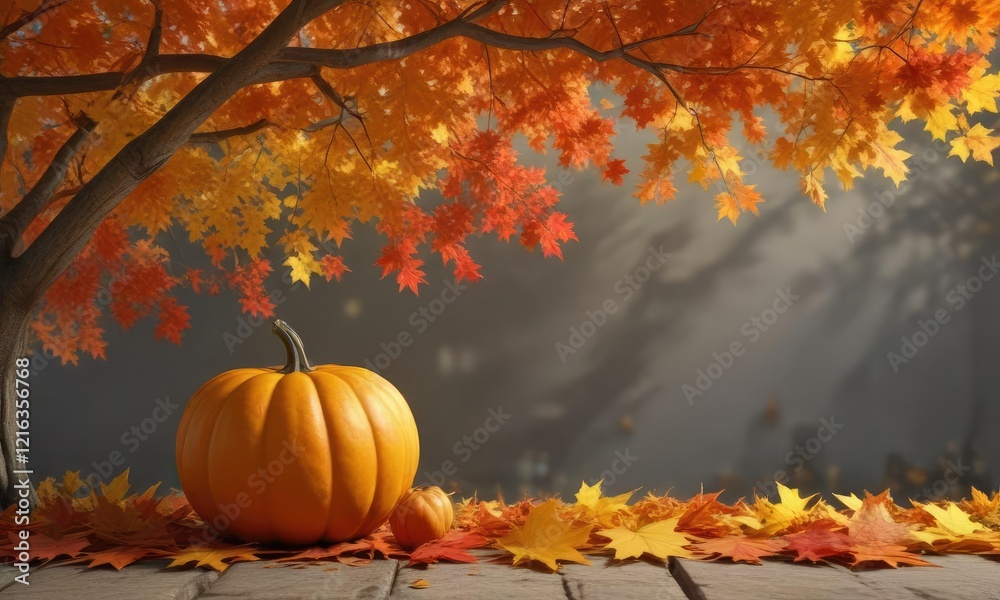 A line of maple leaves in autumn shades frames a large pumpkin , warm sunlight, fall season,