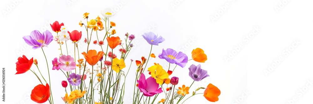 Fototapeta premium Colorful wild spring flowers isolated on white panoramic background, spring web banner