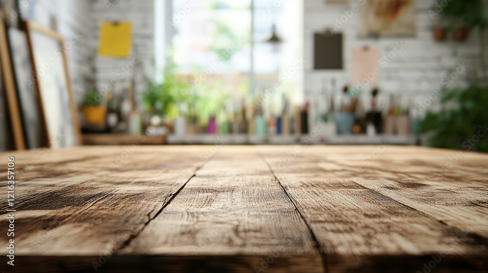 Rustic wood table, cozy artist studio, paintbrushes and plants, morning light, creative workspace, bohemian home decor, blurred background