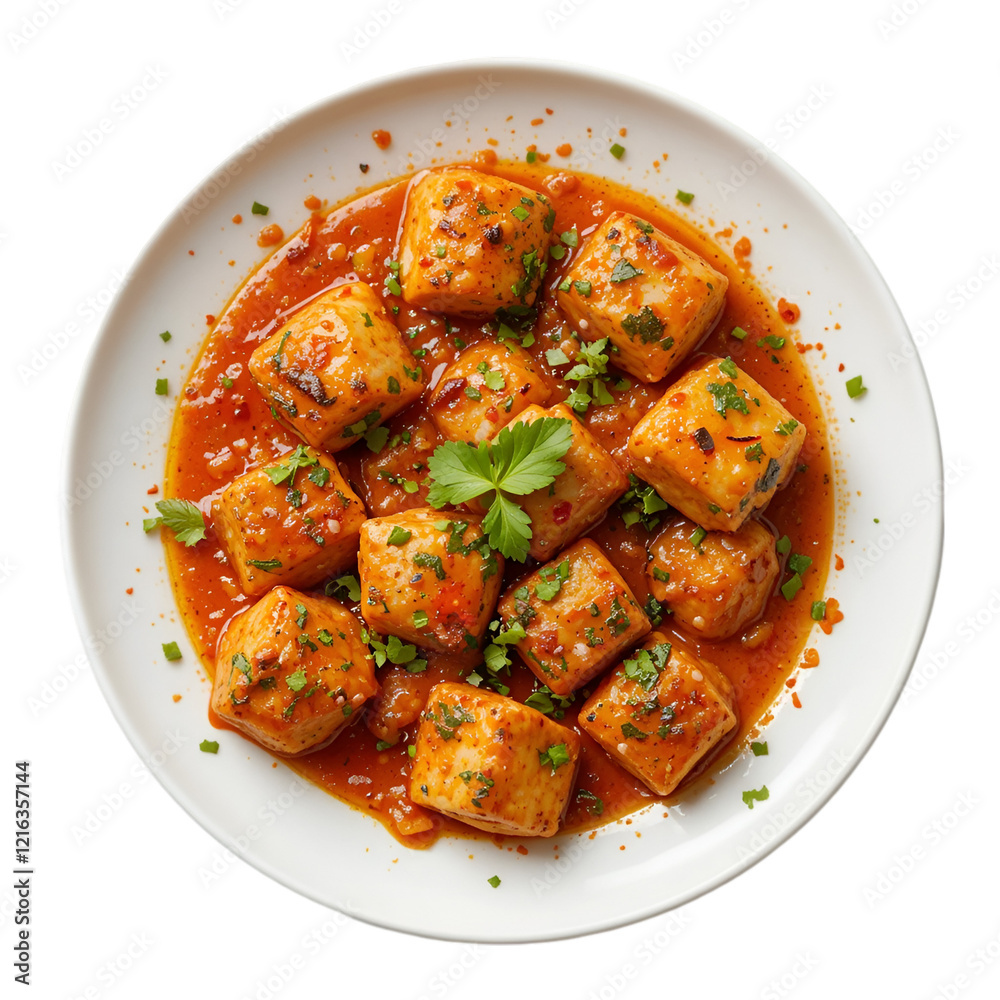 Stir fried tofu on white plate top view isolated on white background Stir fried tofu on white plate top view isolated on white background