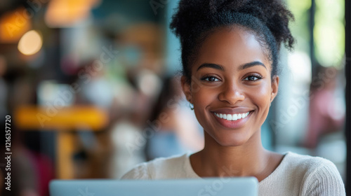 Smiling woman with curly hair looking at camera in cafe, exuding confidence and warmth while working on laptop