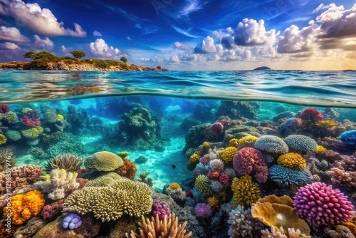 Fototapeta Naklejka Na Ścianę i Meble -  A majestic coral reef with turquoise crystal clear waters and marine life, coral reef, oceanic ecosystem