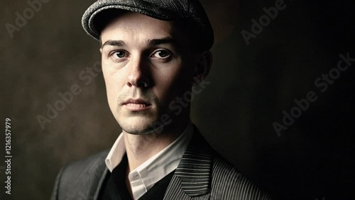 Serious young man in a newsboy cap and jacket.  A timeless portrait ideal for projects related to fashion, history, or drama.