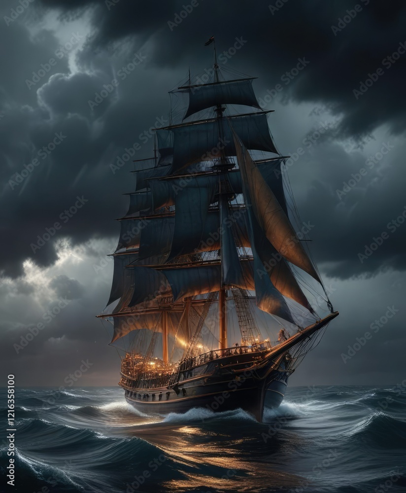Obraz premium A majestic sailing vessel sailing through the darkness of a stormy night under a dark and ominous sky, navigation challenge, cloud filled sky, sailing adventure