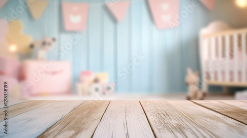 Wooden surface with blurred pastel baby room background, nursery decor, pink and blue, wooden floor, baby room, baby shower