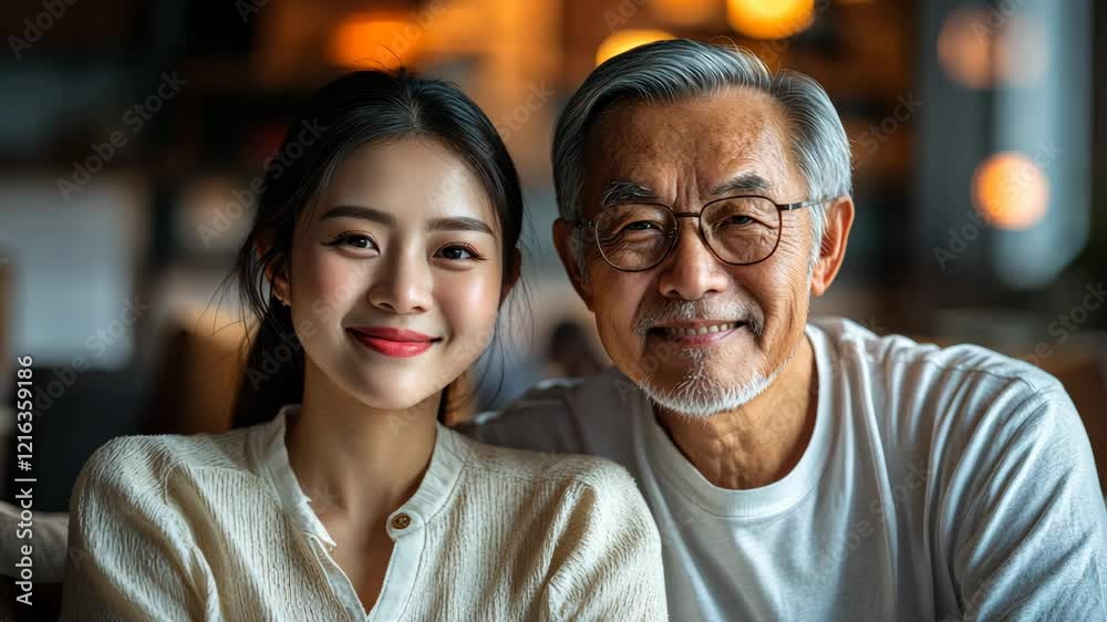 Woman and an older man are smiling at the camera. The woman is wearing a white shirt and the man is wearing glasses. Scene is happy and friendly Woman and an older man are smiling at the camera. The woman is wearing a white shirt and the man is wearing glasses. Scene is happy and friendly