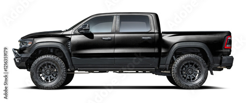 Modern powerful American black pickup truck, side view in png format. photo