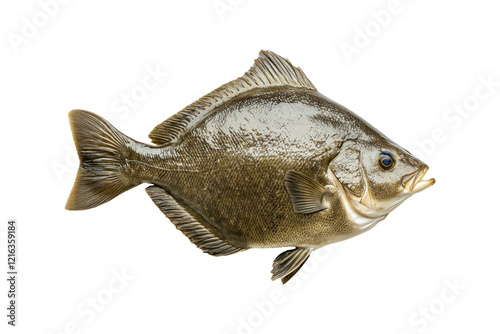 Detailed closeup of Pacific Halibut fish with shiny scales, fins and tail isolated on white transparent background, concept of marine life photo