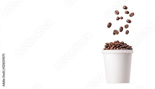 A steaming cup overflowing with roasted coffee beans, set against a clean white background, creating a vibrant atmosphere photo