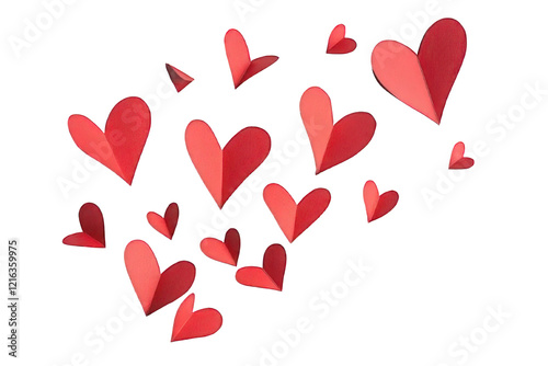 Fluttering Red Paper Hearts, Sweet and Lovely Holiday Design. Isolated, on Transparent Background