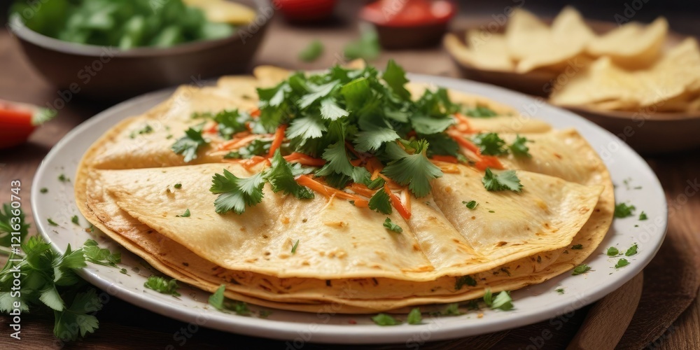 A plate of crispy tortillas topped with a sprinkle of grated cheese and fresh cilantro, crunchy, flatbread A plate of crispy tortillas topped with a sprinkle of grated cheese and fresh cilantro, crunchy, flatbread