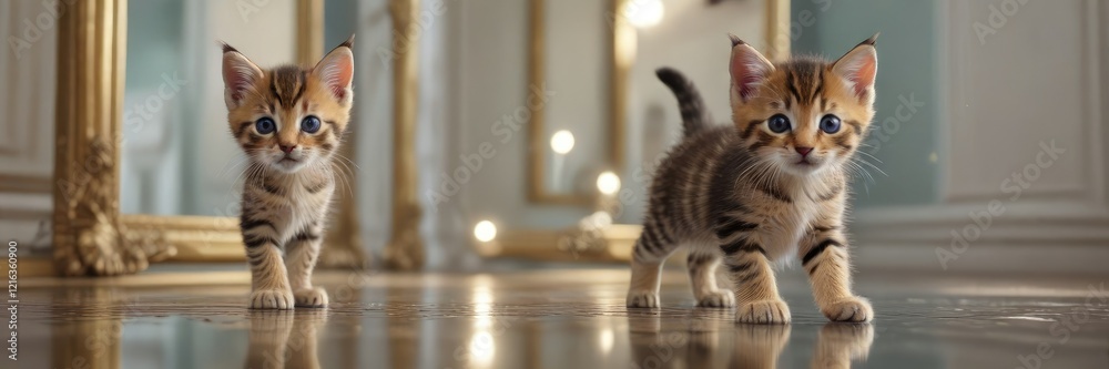 A playful kitten pounces on its own reflection in the mirror's glassy surface, dynamic, energy, pounce