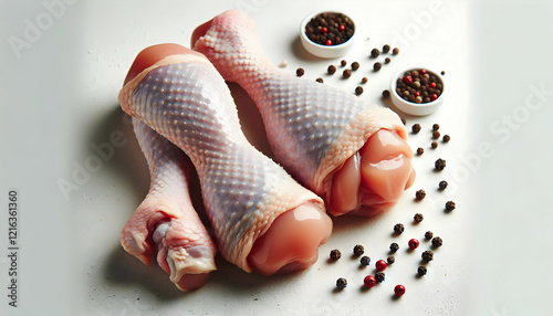 Food Two raw chicken drumsticks placed side by side on a white surface, showing their skin texture and pi3 photo