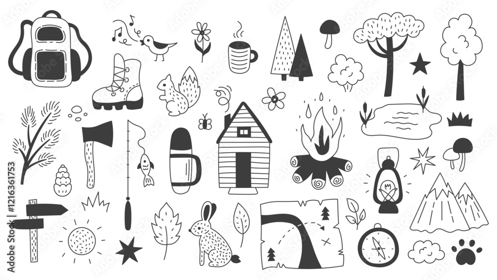 Camping and Hiking Doodle Set. Hand drawn outline vector illustrations collection of wildlife animals woodland symbols forest mountains cabin fishing and campfire elements. Camping and Hiking Doodle Set. Hand drawn outline vector illustrations collection of wildlife animals woodland symbols forest mountains cabin fishing and campfire elements.