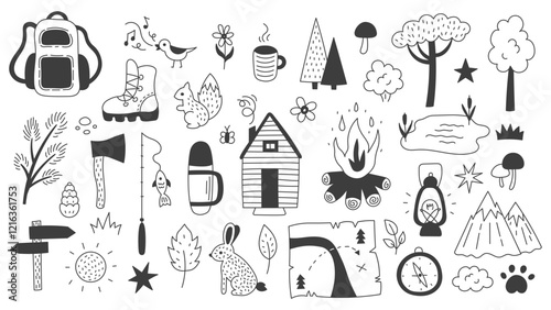 Camping and Hiking Doodle Set. Hand drawn outline vector illustrations collection of wildlife animals woodland symbols forest mountains cabin fishing and campfire elements.