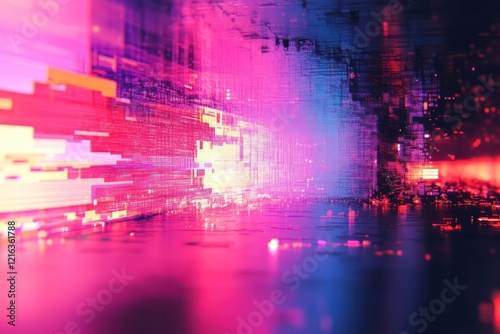 Corrupted data visualization with vibrant colors, flickering on a distorted digital screen with glitch effects
