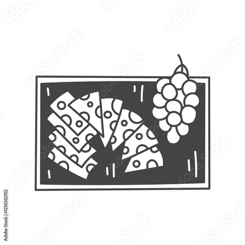 Cheese Board with Grape Illustration. Doodle Dairy product icon. Delicious snack and food in hand drawn style. Vector art. Restaurant menu symbol icon logotype