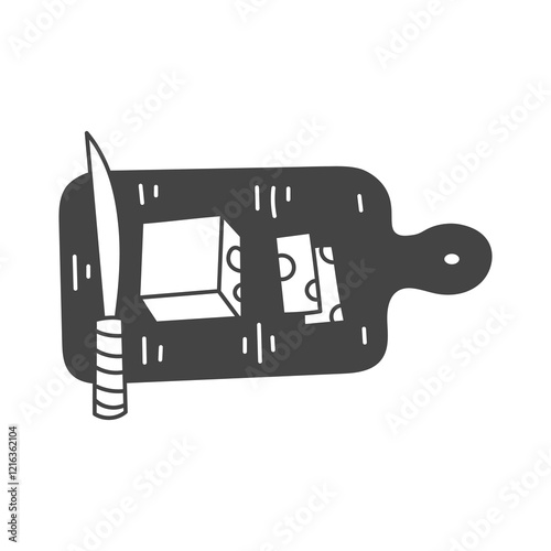 Cheese Piece and Slices with Knife on Cutting Board Illustration. Vector doodle dairy product on tray. Food Ingredient Menu design element icon symbol