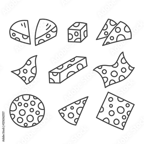 Cheese Slices Pieces Dices Line Set. Dairy product food ingredient collection with various shapes in doodle style. Outline icons. Vector illustration