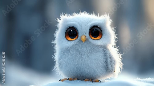Adorable fluffy white owl with big eyes sitting on snow.