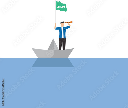 New plan or business strategy in 2025, businessman sailing on a paper boat with 2025 waving flag while scouting for business opportunities using telescope, business opportunities, happy new year 2025