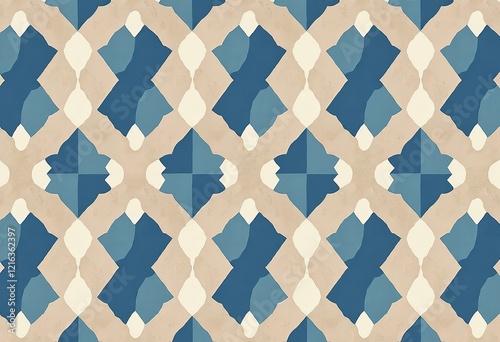 手描き幾何学模様壁紙、パリスタイル、青とクリーム色、ユニークなデザイン、ホテルデコール、商業パターン、わずかにテクスチャ、エレガント、フレンチインスパイアアート。
