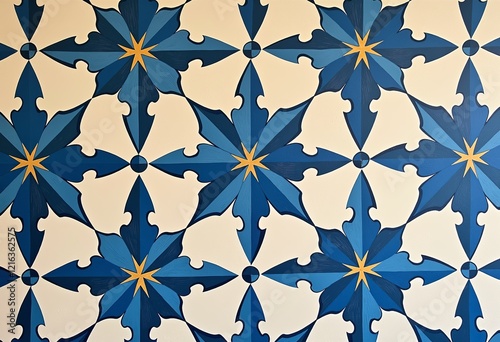 パリ風幾何学模様壁紙、手描き、青とクリーム色調、ホテルデザイン、商業用、ユニークなパターン、わずかにテクスチャ、エレガントなスタイル、フレンチインスパイア。

