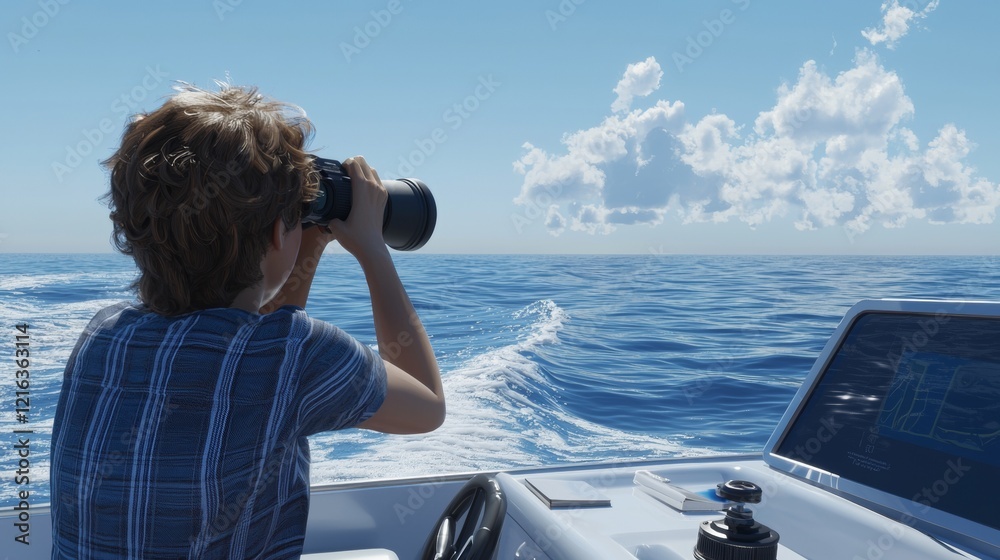 Obraz premium Young boy using binoculars on a boat while observing the ocean waves and clouds during a bright sunny day